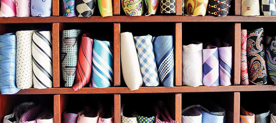 Closeup photos of colorful ties at tailor shop