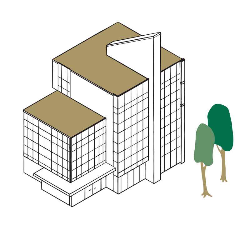 Illustration of Hill Student Center and tree