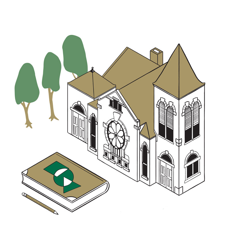 Illustration of Spencer Honors House, trees, pencil, and book