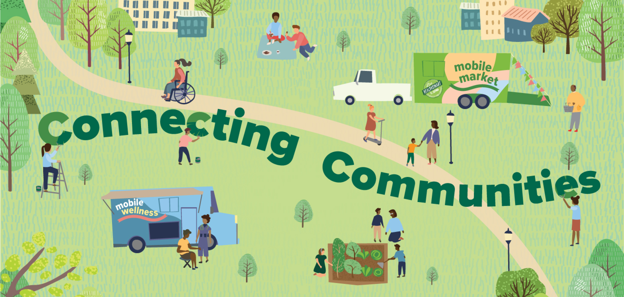 Connecting Communities Illustration of a greenspace and community.