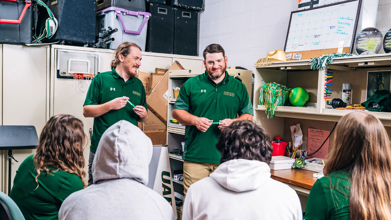 Seth Shierling and Cody Sellers meet with the four students who will be Blaze for the 2025-2026 academic year.