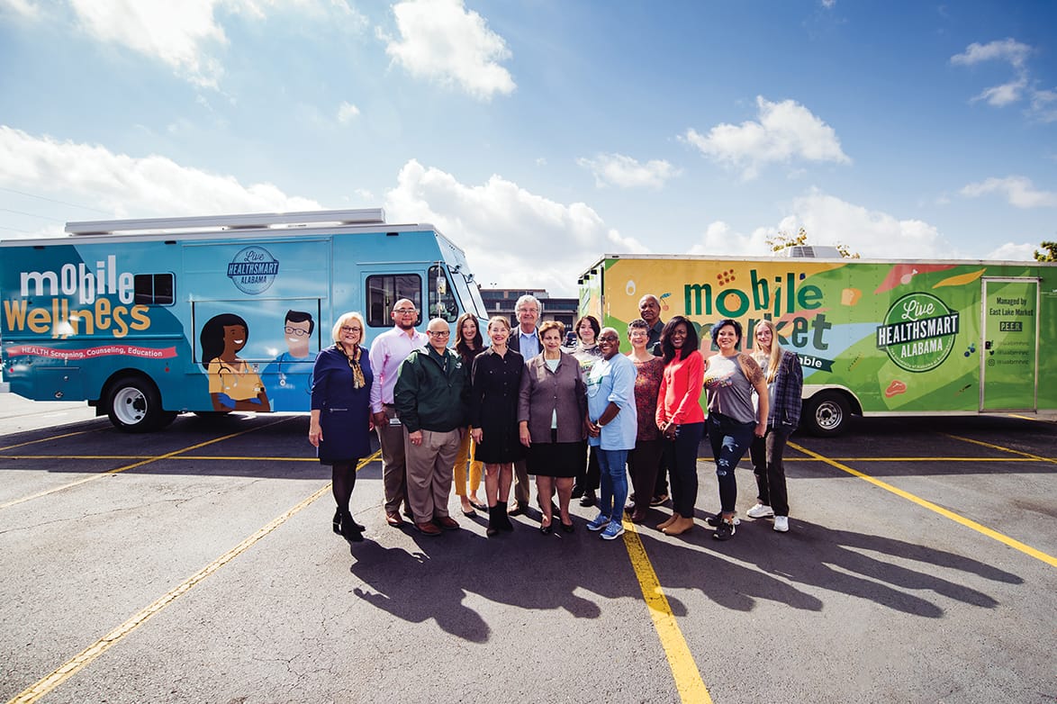 Photo: Mona Fouad, M.D., Edward Partridge, M.D., Dalton Norwood, Ph.D., Angela Arrington, Kimberly Speights, Susan Driggers and the Live HealthSmart Alabama Mobile Market and Mobile Wellness teams, including partners from P.E.E.R. and East Lake Market.