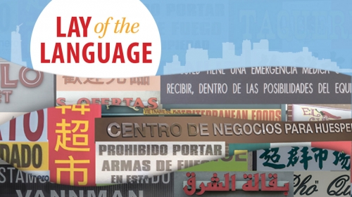 Illustration showing signs in multiple languages with Birmingham skyline in background; headline: Lay of the Language