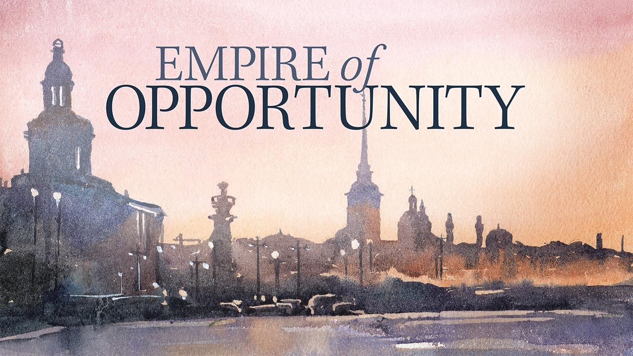 Stock illustration of St. Petersburg, Russia, skyline; headline: Empire of Opportunity