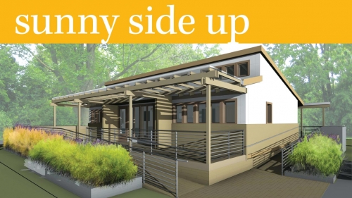 Rendering of completed UAB Solar Decathlon house; headline: Sunny Side Up