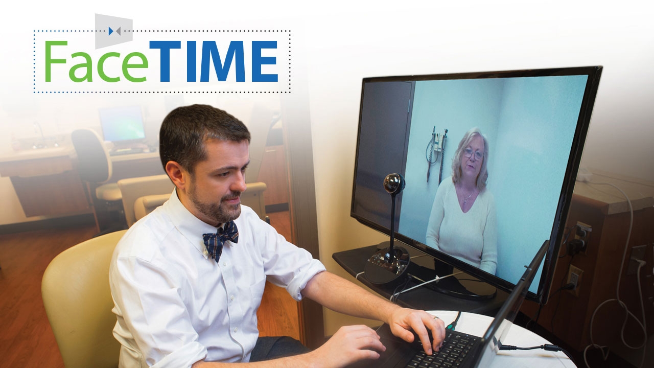 Photo of Eric Wallace conducting telehealth session; headline: Face Time
