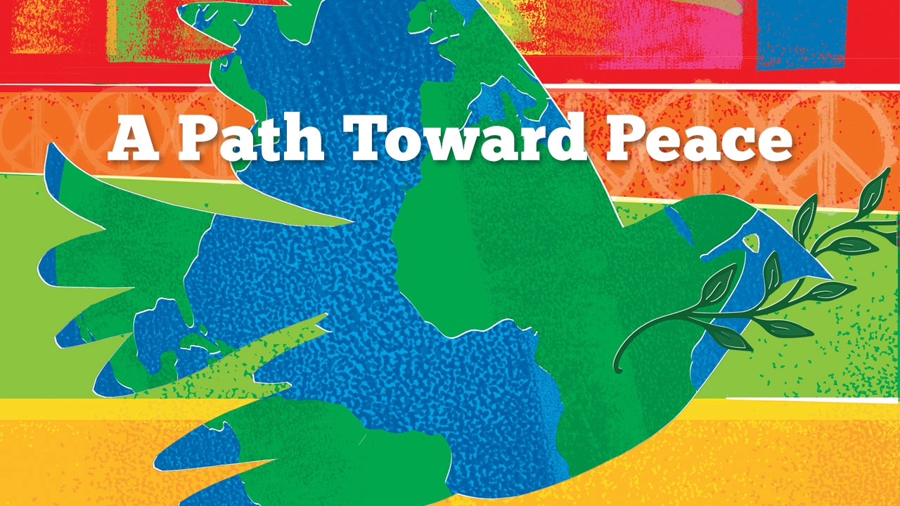 Illustration of world map in the shape of a dove; title: A Path Toward Peace