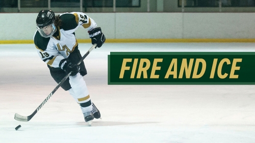 Photo of UAB ice hockey player hitting puck; headline: Fire and Ice
