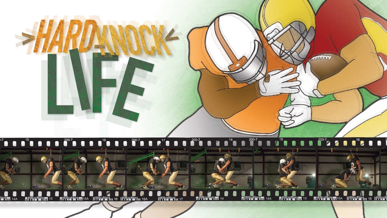 Illustration of football players colliding; photos of dummies crashing into each other. Title: Hard-Knock Life