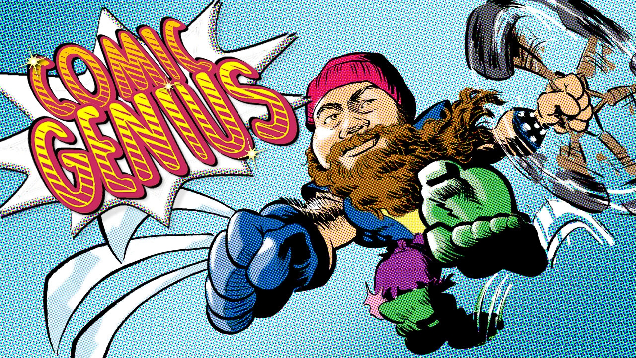Illustration showing Jason Aaron as combination of superheroes with title: Comic Genius