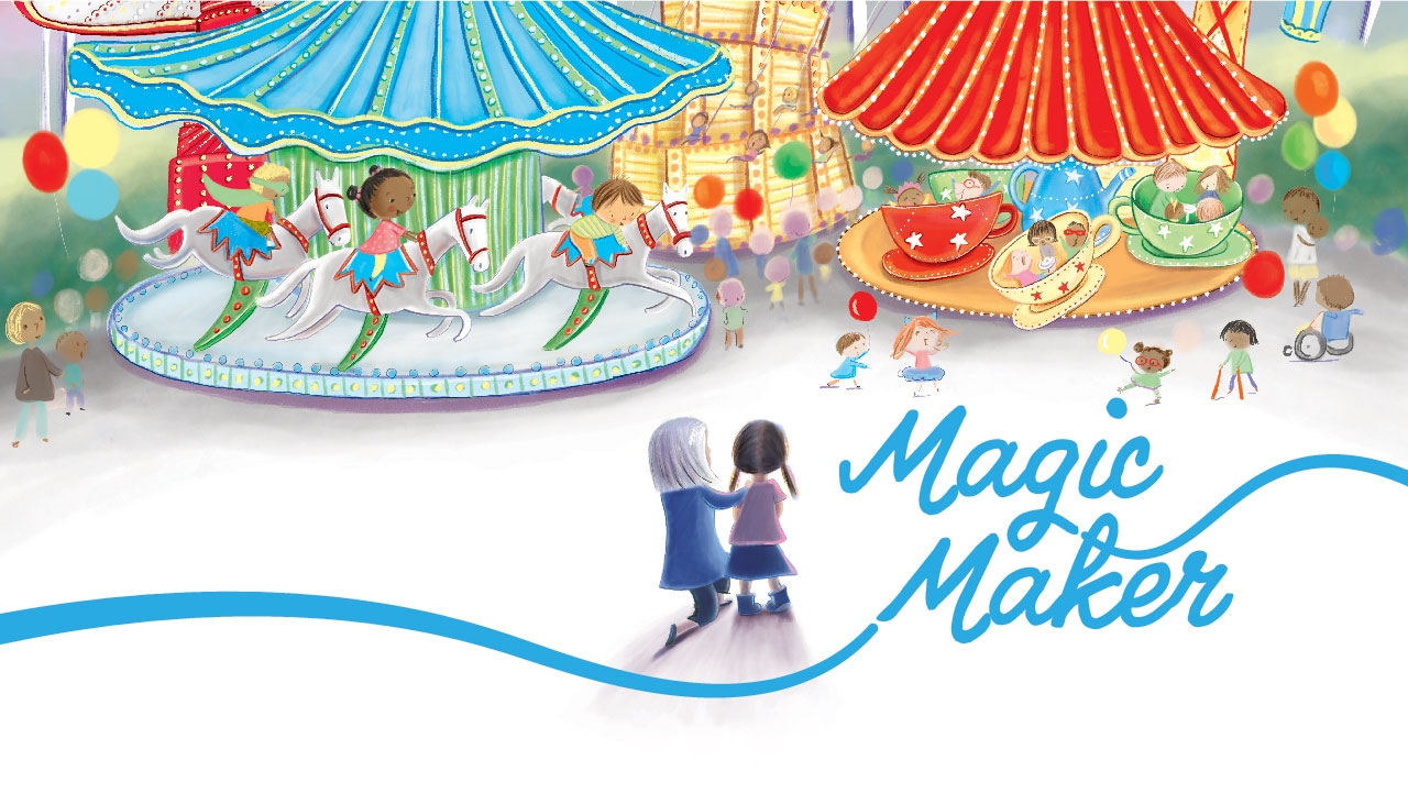 Illustration of Sandy Naramore introducing a child to a theme park; headline: Magic Maker