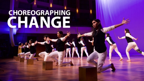 Photo of Rangeela members performing; headline: Choreographing Change