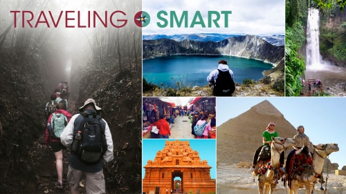 Collage of photos taken by UAB students around the world with title: Traveling Smart