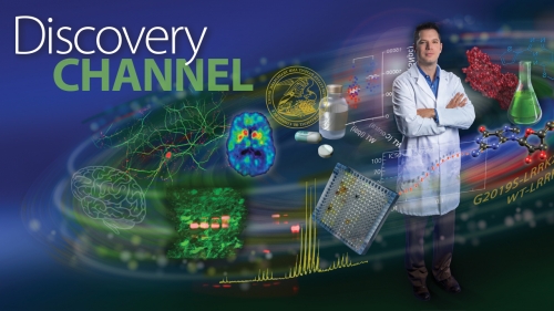 Illustration of Dr. Andrew West with elements of drug discovery process