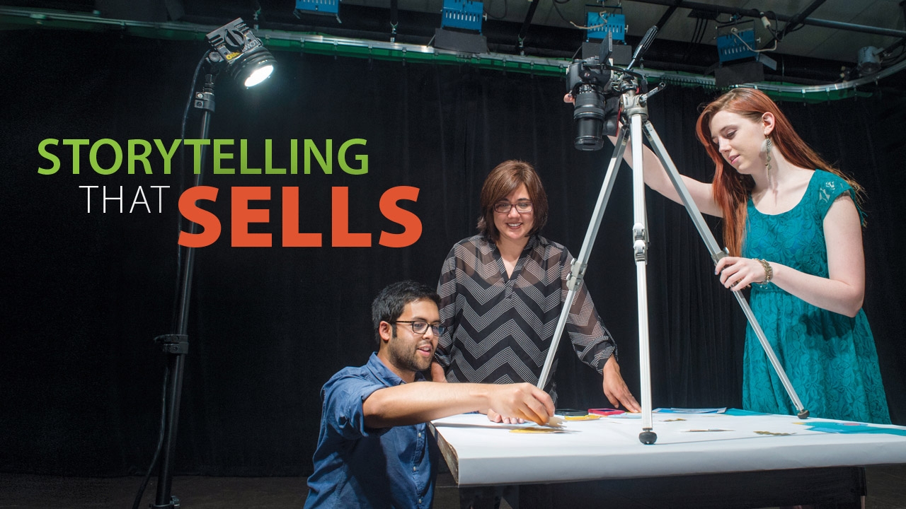 Photo of Rosie O&#039;Beirne working with students on stop-motion animation. Title: Storytelling That Sells