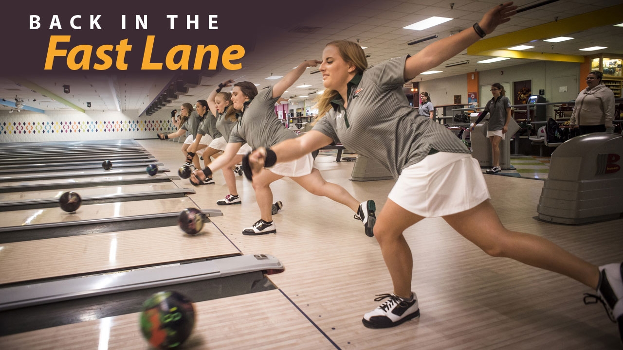 Photo of UAB bowling athletes launching balls down lanes; headline: Back in the Fast Lane