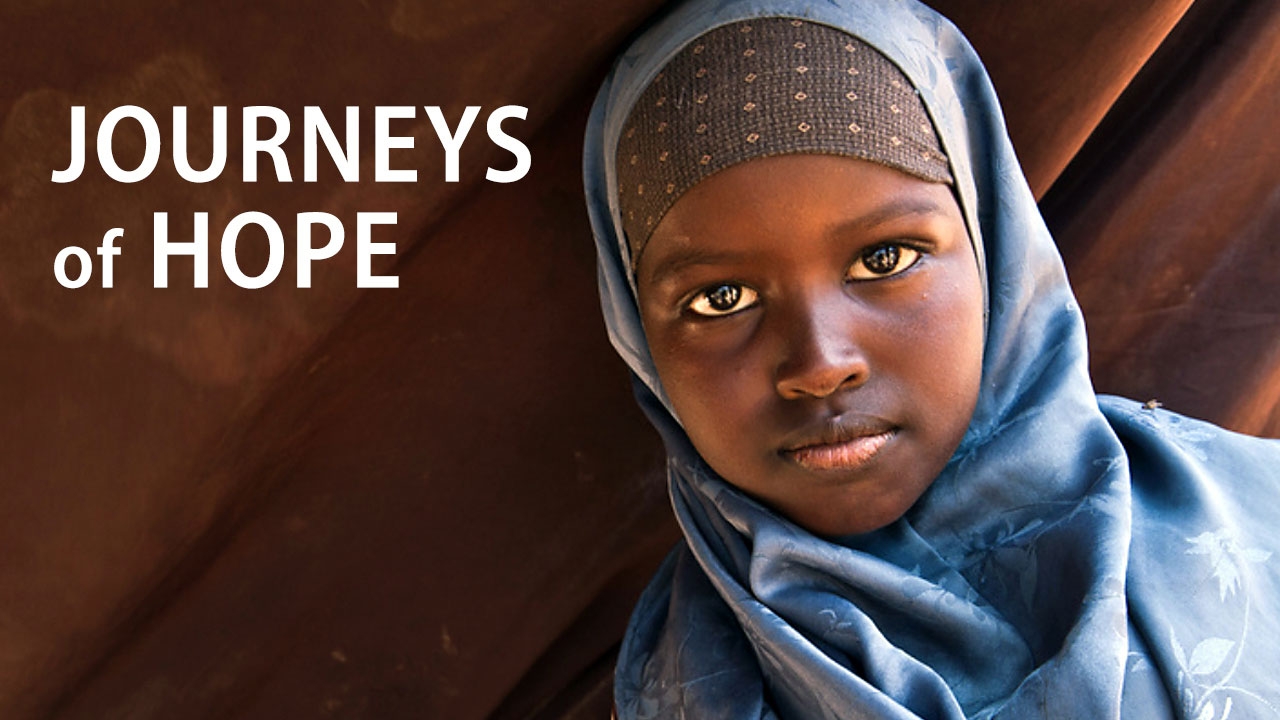 Photo of Somalian child refugee; headline: Journeys of Hope