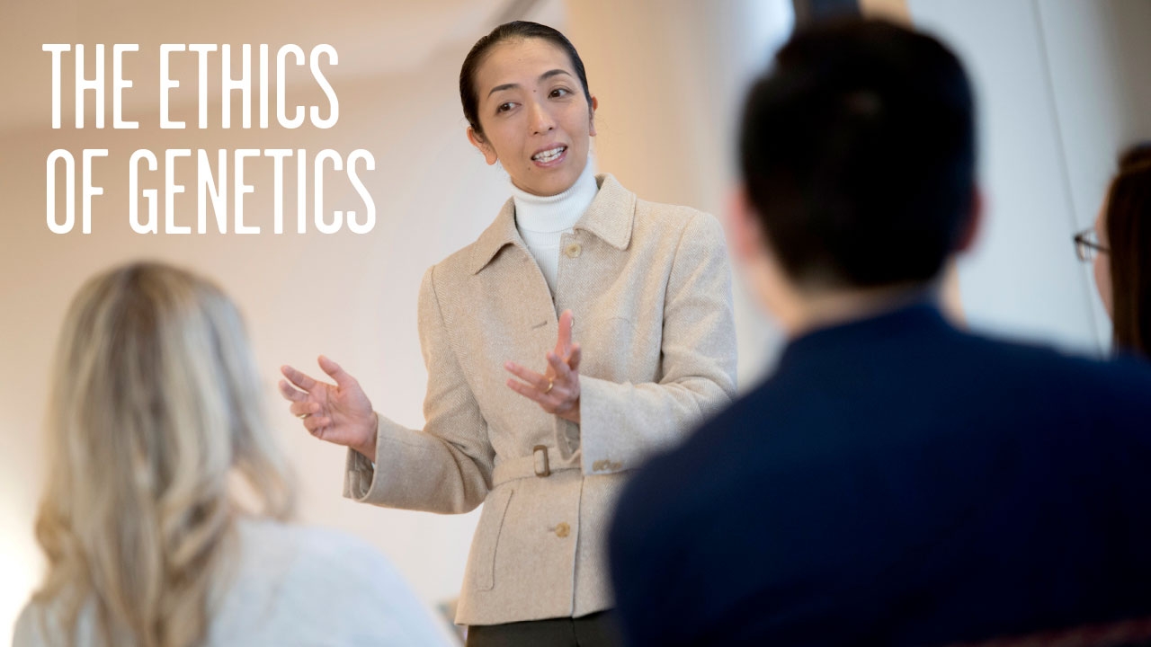 Photo of Mariko Nakano teaching medical students; headline: The Ethics of Genetics