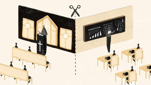 Illustration of scissors separating classroom and church