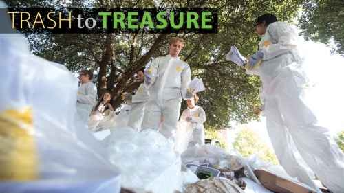 Photo of students sorting trash. Title: Trash to Treasure