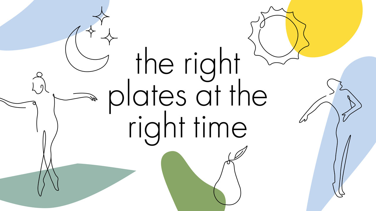 Line art of people, the sun, and moon; headline: The Right Plates at the Right Time
