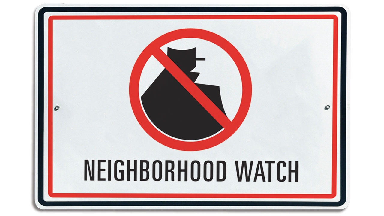 Illustration of sign with Neighborhood Watch icon; headline: Neighborhood Watch