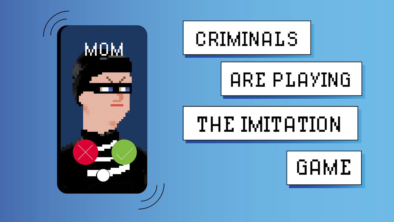 Illustration of smartphone with call from &#039;Mom&#039; and face of a cartoon masked criminal
