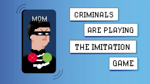 Illustration of smartphone with call from &#039;Mom&#039; and face of a cartoon masked criminal