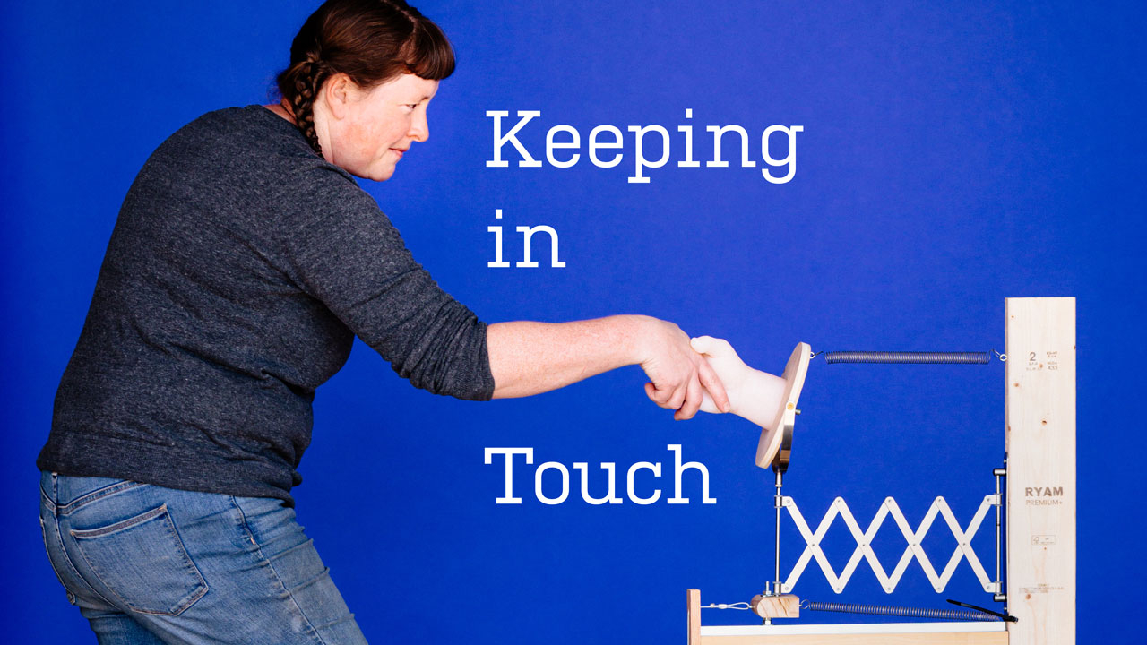 Photo of Stacey Holloway shaking hands with one of her sculptures; headline: Keeping in Touch
