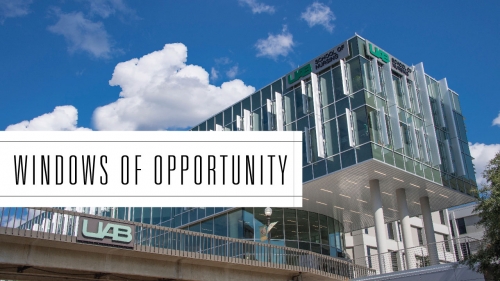 Photo of exterior of School of Nursing building; headline: Windows of Opportunity