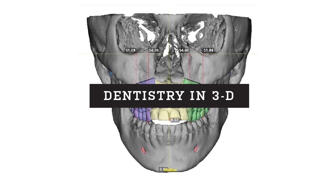 Snapshot of a 3D dental scan of patient&#039;s teeth and jaw; headline: Dentistry in 3-D
