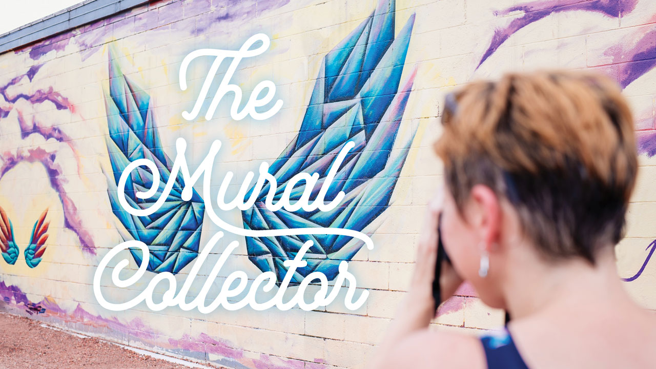 Photo of Viktoria Havasi taking photo of Wings mural in Avondale; headline: The Mural Collector